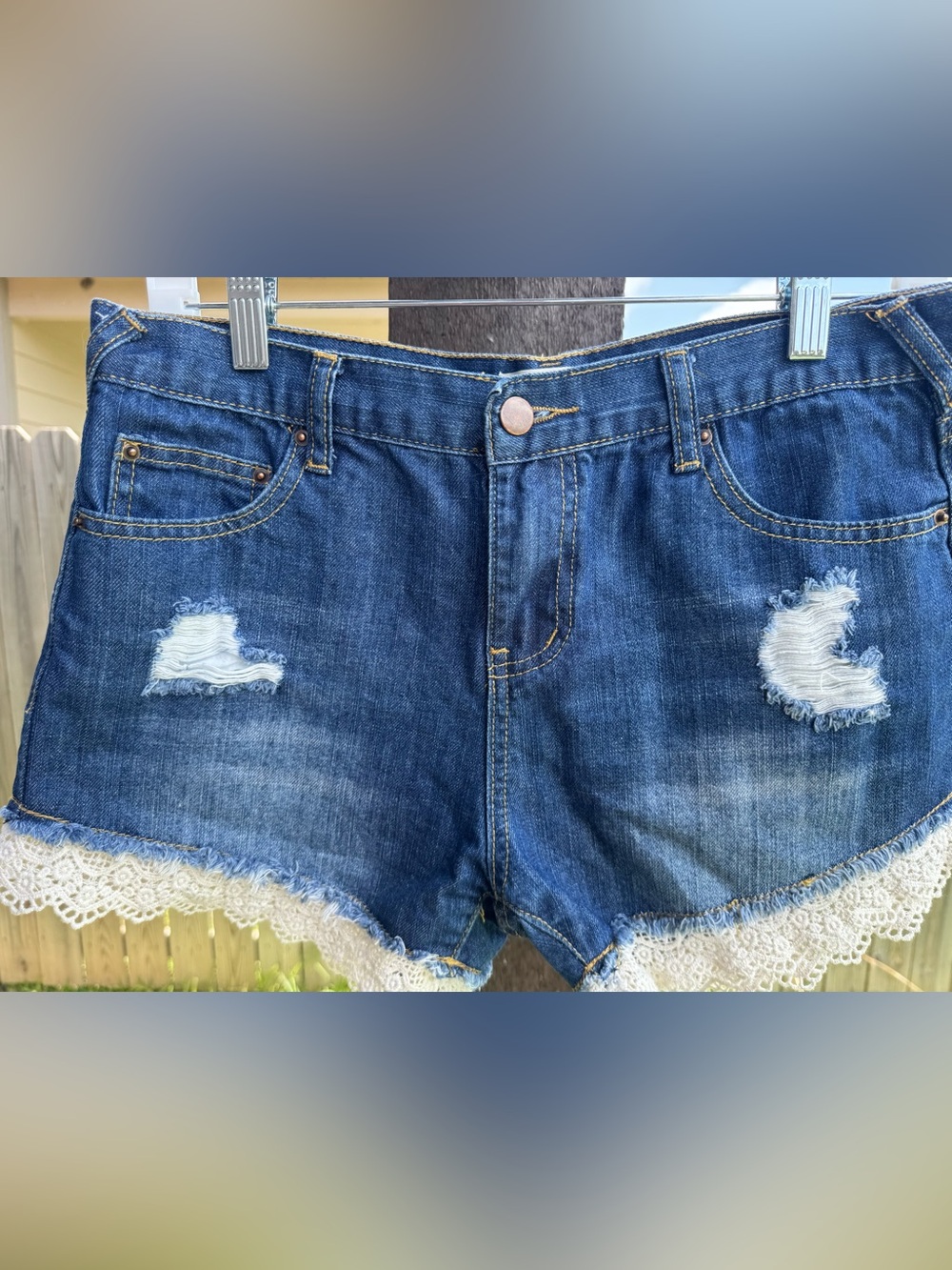 Listicle Blue Distressed Denim Shorts with White Lace Trim